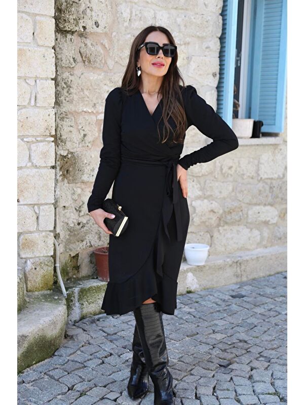 Jane's Krep Kumaş Midi Boy Kuşaklı Uzunkol Elbise 113 Cm