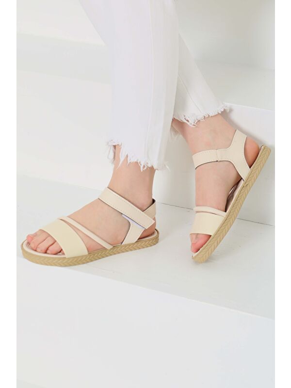 Kadın Krem Çapraz Detaylı Sandalet - 27111 - Görsel 5