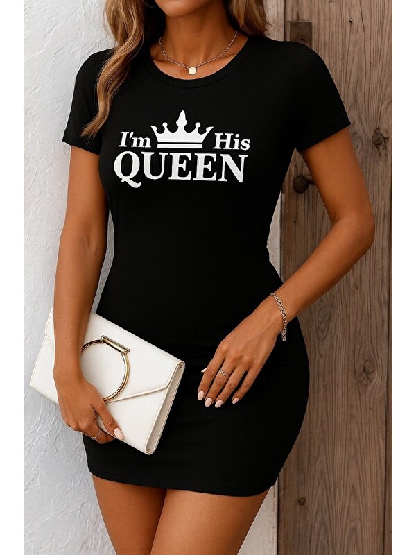 Jane's Kadın Kısa Kollu Queen Baskı Iki Iplik Mini Elbise