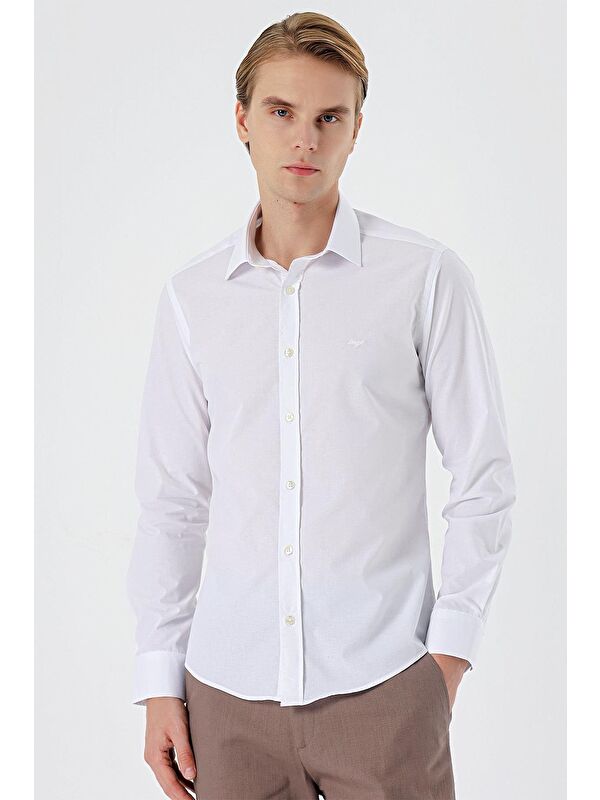 İMZA Beyaz Uzun Kol Filafil Desen Filafil Sert Yaka Cepsiz Pamuklu Basic Slim Fit Gömlek 1004245008