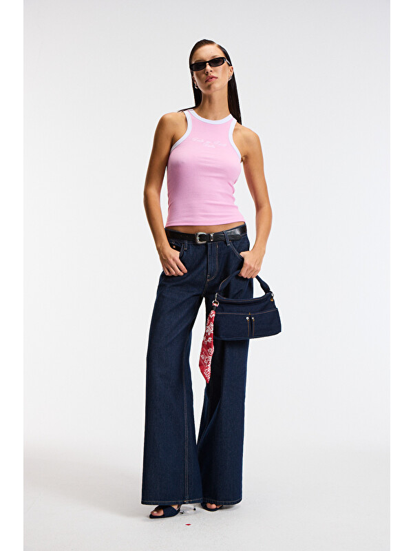 ETHIQUET SELMIRA Kadın Baskılı Halter Yaka Slim Fit Kolsuz PEMBE Atlet