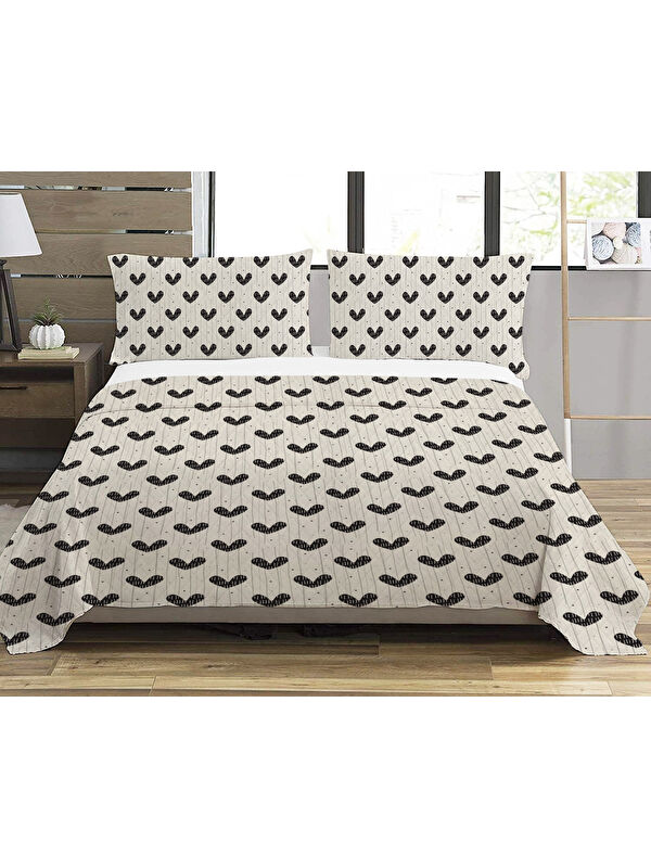 Evmila Kalp Desenli Baskılı Çift Kişilik Baskılı Pike  200x220 Cm