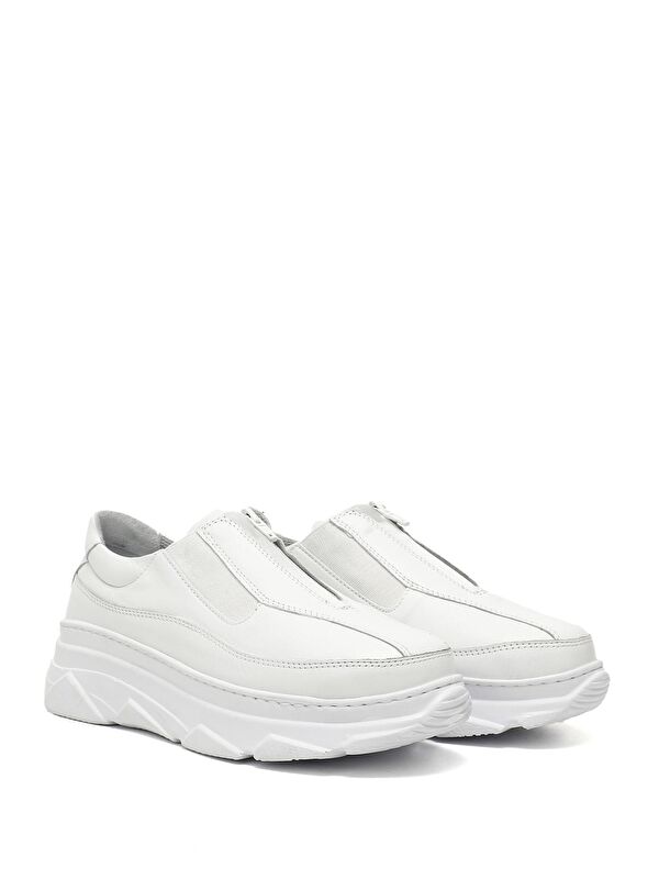 BEYAZ Hakiki Deri Yuvarlak Burun Dolgu Taban Fermuarlı Kadın Sneaker 24252 - Görsel 3