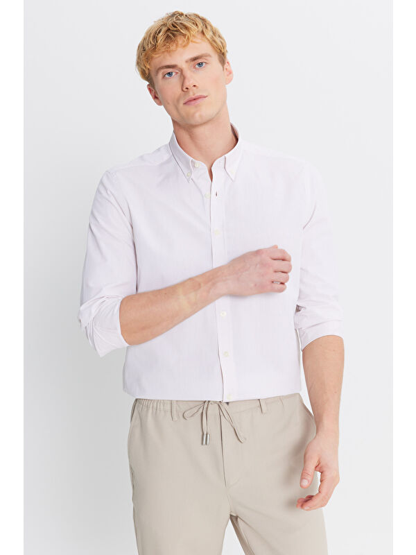 Altınyıldız Classics Erkek Bej %100 Pamuk Oxford Slim Fit Dar Kesim Düğmeli Yaka Çizgili Gömlek