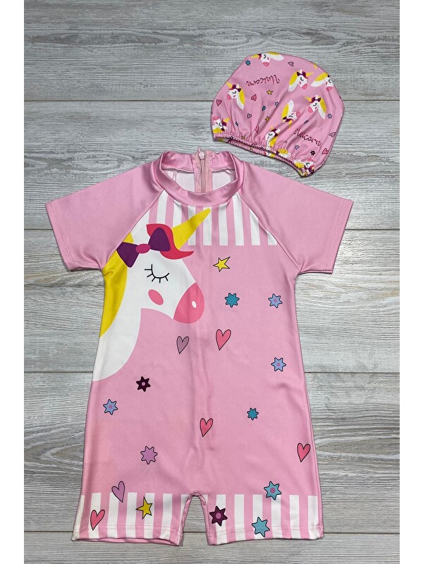 My Kids Wear Çizgi Film Desenli Fermuarlı Boneli Kız Çocuk Mayosu