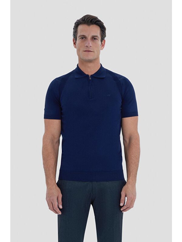 Sabri Özel Lacivert Regular Fit Dokulu Triko Polo Yaka Tişört