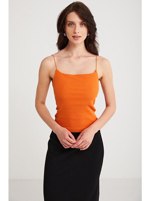 ETHIQUET Ayane Kadın Pamuklu Slim Fit İnce Askılı Kare Yakalı Basic Turuncu Atlet TURUNCU Atlet