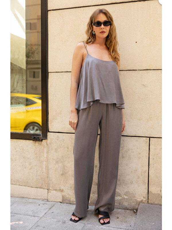 Laluvia Saten Görünümlü Askılı Bluz Pantolon Takım - 51043