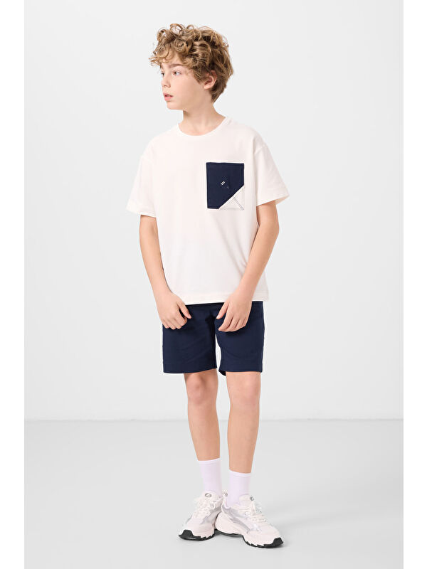 Tommylife Ekru-Lacivert Pamuklu Oversize Fit Dokuma Hafif Esnek Chino Erkek Çocuk Şort Takım - 11278
