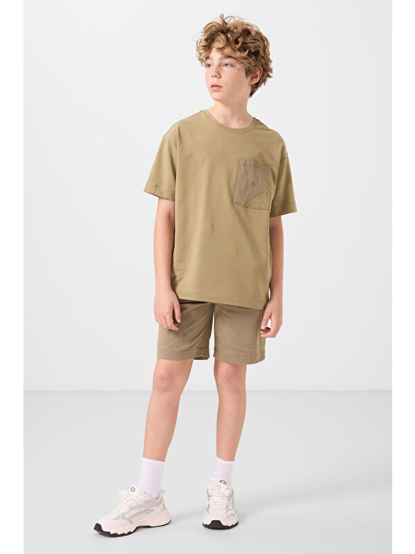 Tommylife Koyu Bej-Camel Pamuklu Oversize Fit Dokuma Hafif Esnek Chino Erkek Çocuk Şort Takım - 11278