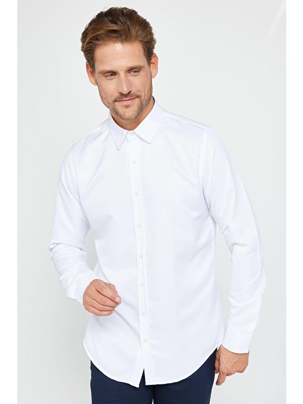 TUDORS Slim Fit Beyaz Non-Iron %100 Pamuk  Ekoteks Belgeli Ütü Gerektirmez Gömlek