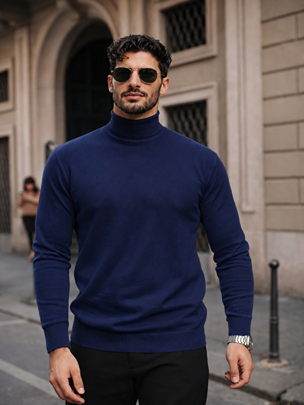 Comstar Erkek Kışlık Basic Slim Fit Uzun K.Lacivert Kazak