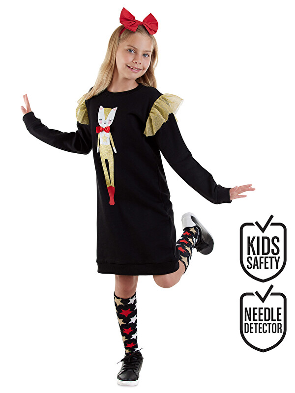 Denokids Simli Kedi Kız Çocuk Siyah Elbise