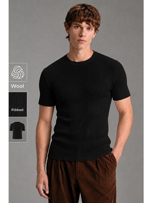 Tarz Cool Erkek Fitilli Elastanlı Slim Fit Bisiklet Yaka Tişört
