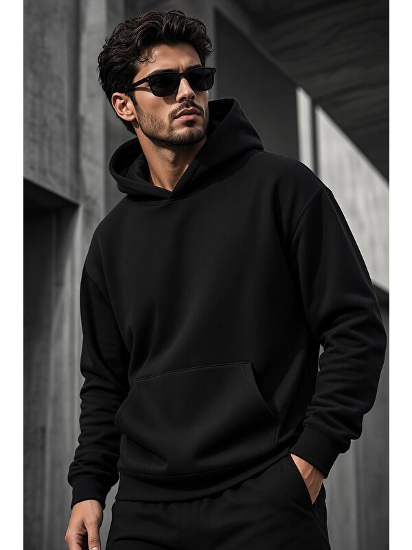 Oksit Bery Erkek İki İplik Şardonlu Kapüşonlu Basic Sweatshirt | Kanguru Cepli Düz Renk Günlük Hoodie