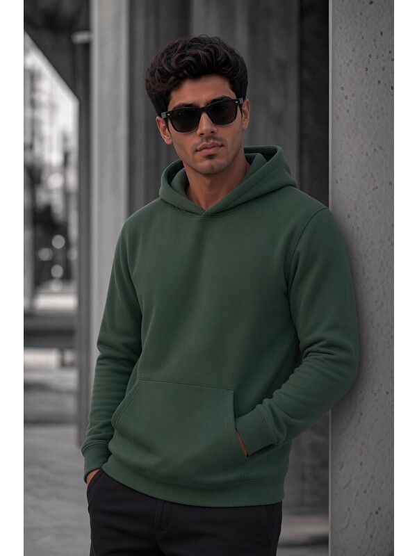 Oksit Bery Erkek İki İplik Şardonlu Kapüşonlu Basic Sweatshirt | Kanguru Cepli Düz Renk Günlük Hoodie