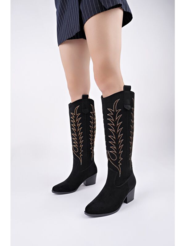 TEXAS Sivri Burun Nakışlı Kalın Topuklu Kadın Kovboy Western Çizme - Görsel 5