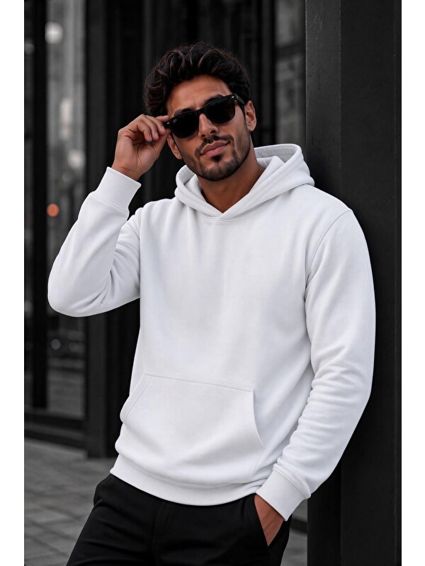 Oksit Bery Erkek İki İplik Şardonlu Kapüşonlu Basic Sweatshirt | Kanguru Cepli Düz Renk Günlük Hoodie