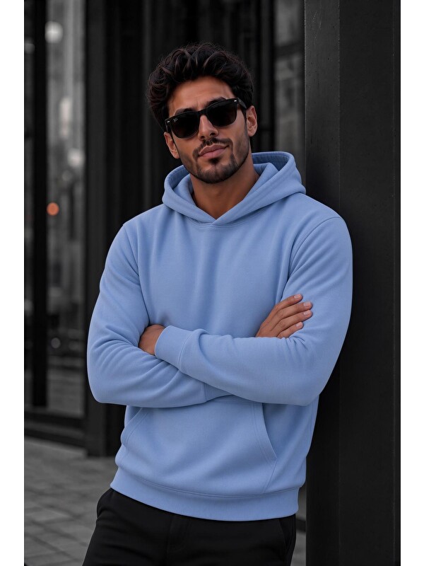Oksit Bery Erkek İki İplik Şardonlu Kapüşonlu Basic Sweatshirt | Kanguru Cepli Düz Renk Günlük Hoodie