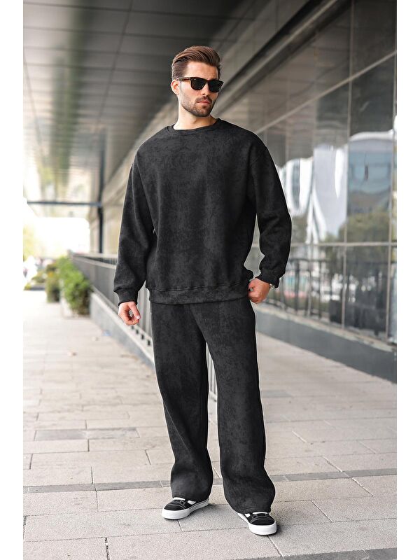 Madmext Siyah Bisiklet Yaka Batik Desenli Erkek Sweatshirt Pantolon Takım E7344