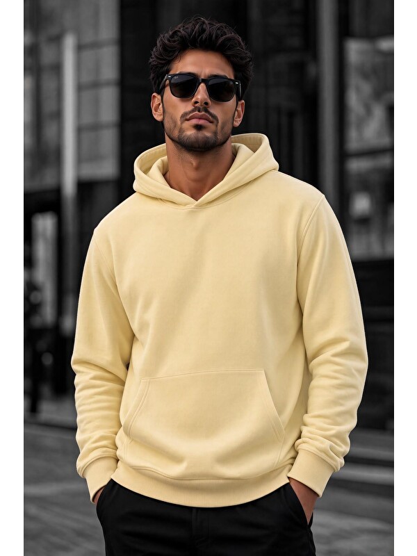 Oksit Bery Erkek İki İplik Şardonlu Kapüşonlu Basic Sweatshirt | Kanguru Cepli Düz Renk Günlük Hoodie