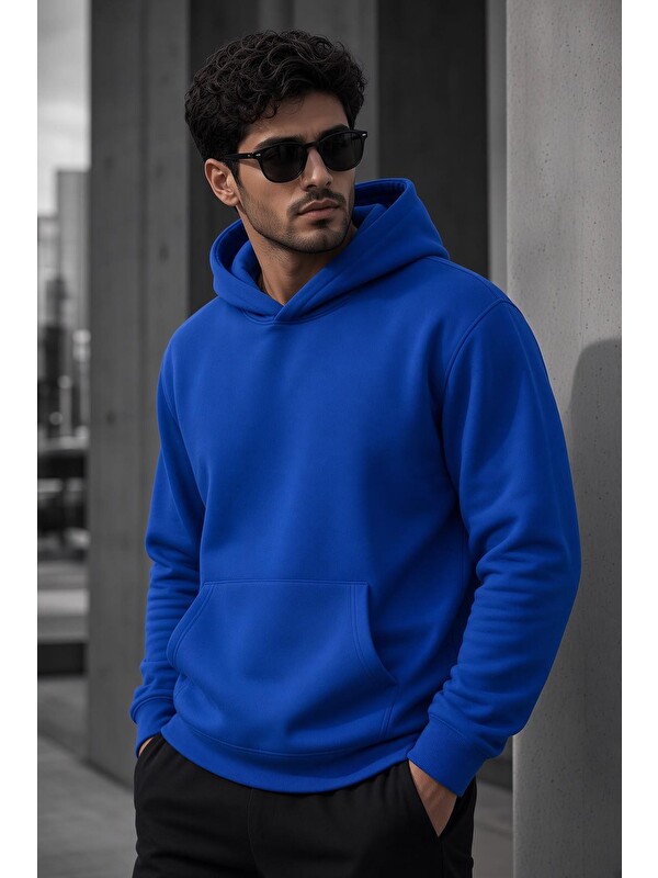 Oksit Bery Erkek İki İplik Şardonlu Kapüşonlu Basic Sweatshirt | Kanguru Cepli Düz Renk Günlük Hoodie
