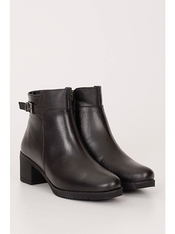 SİYAH Hakiki Deri Yuvarlak Burun Topuklu Fermuarlı Tokalı Kadın Günlük Bot 47453 - Görsel 3