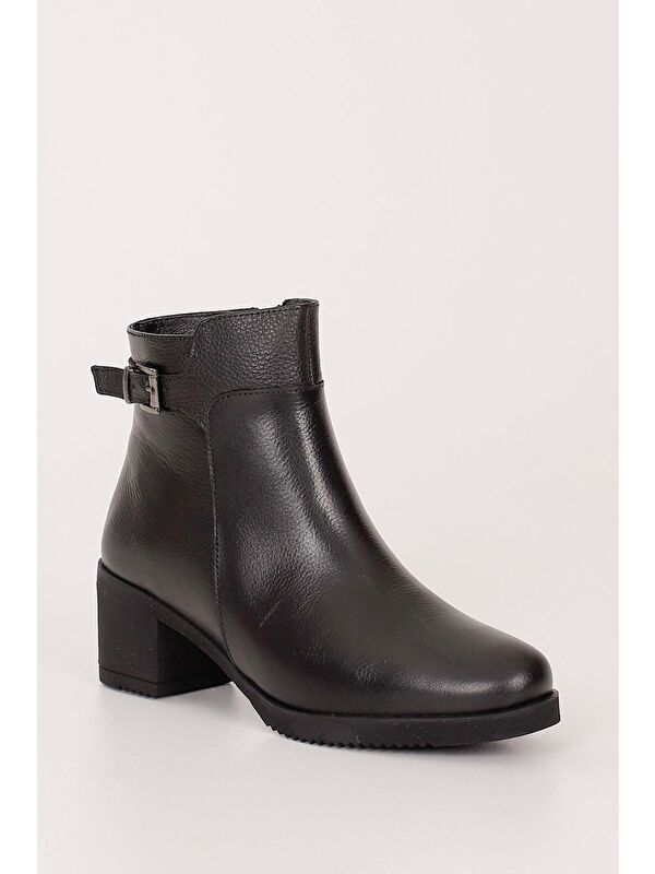 SİYAH Hakiki Deri Yuvarlak Burun Topuklu Fermuarlı Tokalı Kadın Günlük Bot 47453 - Görsel 6