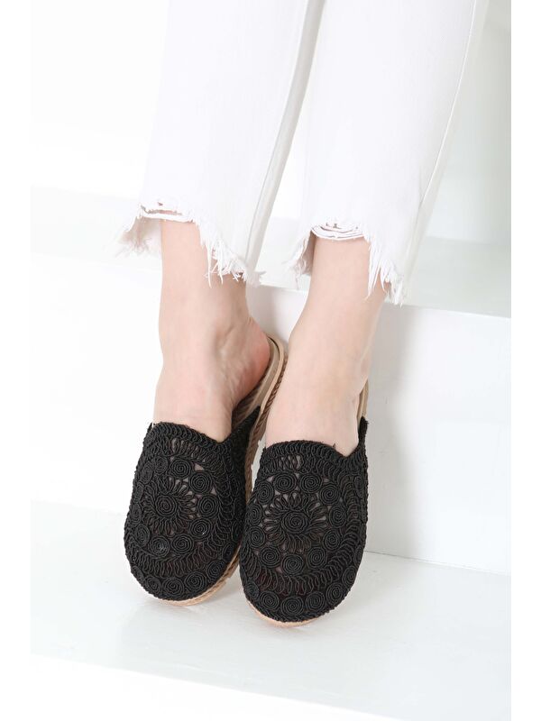 Kadın Siyah Nakış Hasırlı Terlik - 27158 - Görsel 3