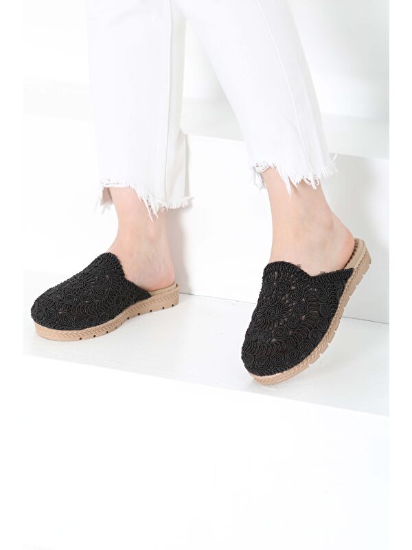 Kadın Siyah Nakış Hasırlı Terlik - 27158 - Görsel 4
