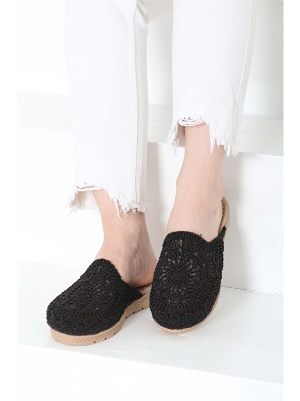 Kadın Siyah Nakış Hasırlı Terlik - 27158 - Görsel 5