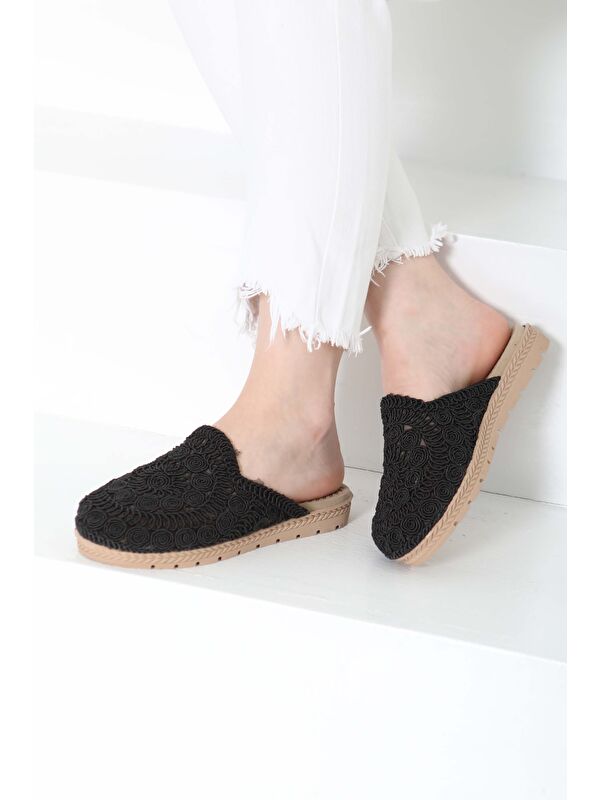 Kadın Siyah Nakış Hasırlı Terlik - 27158 - Görsel 6