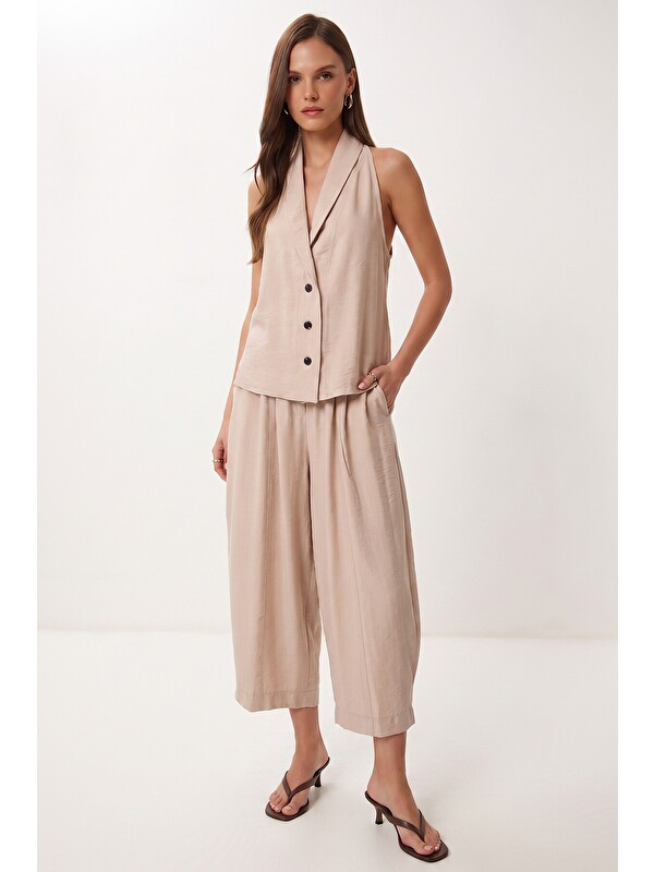 Happiness İstanbul Keten Yelek Pantolon Takım KREM LBY0062
