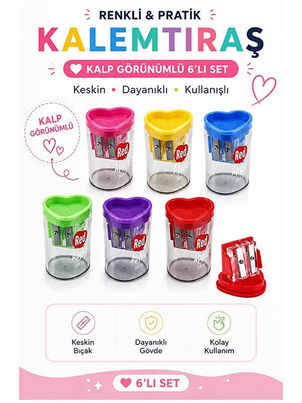 artmaster İkili Kalemtraş 6 Adet Redapple 3016 Kalpli Hazneli Çift Bıçaklı Kalem Açacağı Plastik Kalemtıraş Ka