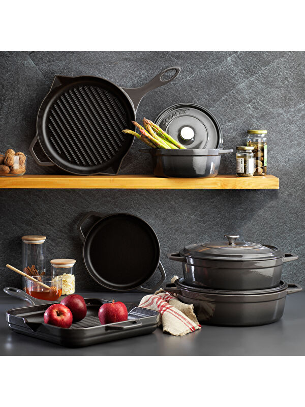 SCHAFER Guss Chef Döküm Sahan Çift Kulplu 22 Cm 1 Parça-Gri
