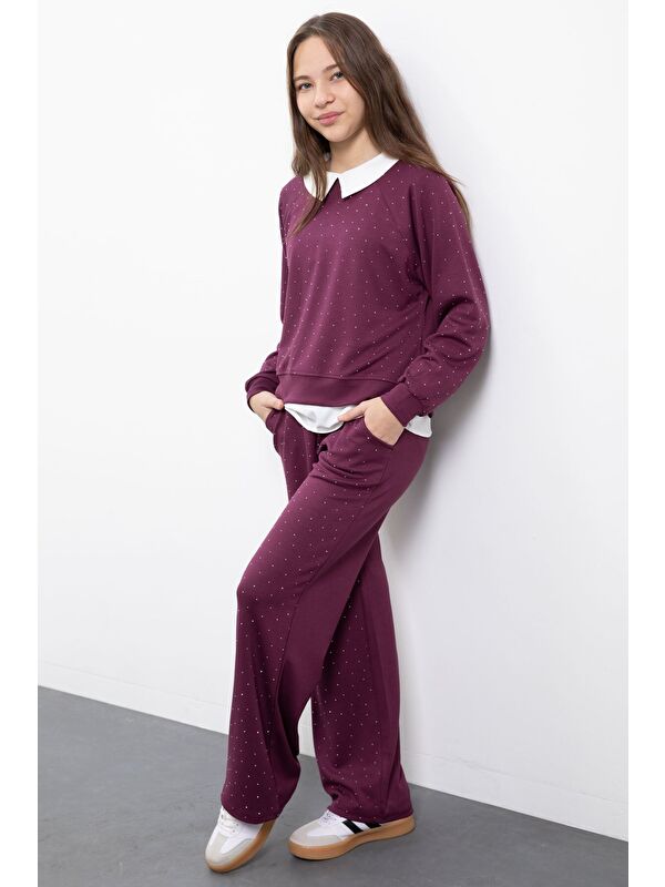Cansın Mini Bordo Taş Detaylı Pantolonlu Kız Çocuk 3lü Gömlekli Takım 23479