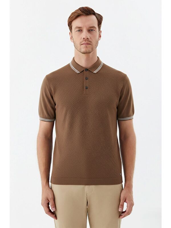 Sabri Özel Erkek Kiremit Slim Fit %100 Pamuk Jakarlı Triko Polo Yaka Tişört