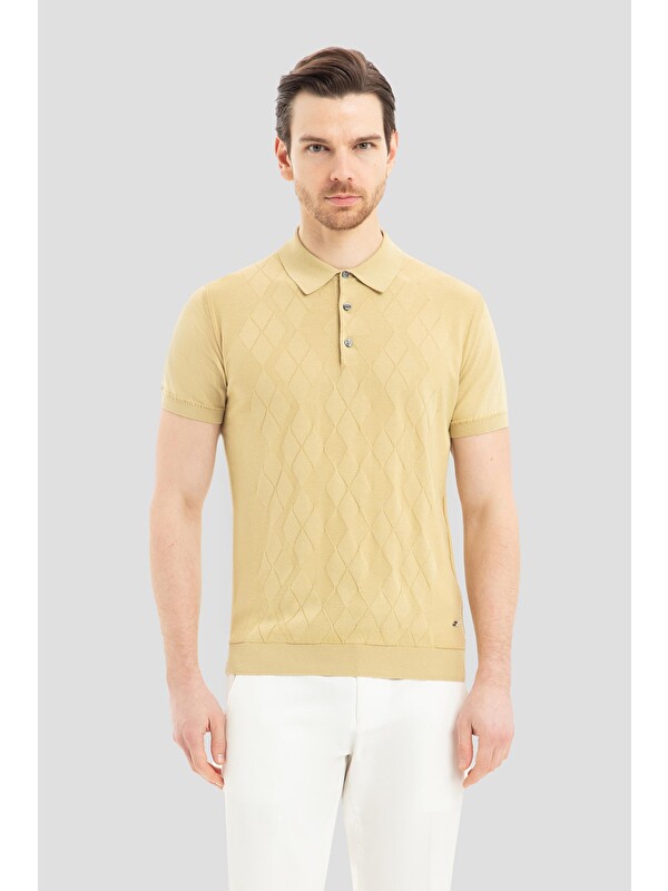 Sabri Özel Erkek Camel Slim Fit %100 Pamuk Desenli Triko Polo Yaka Tişört