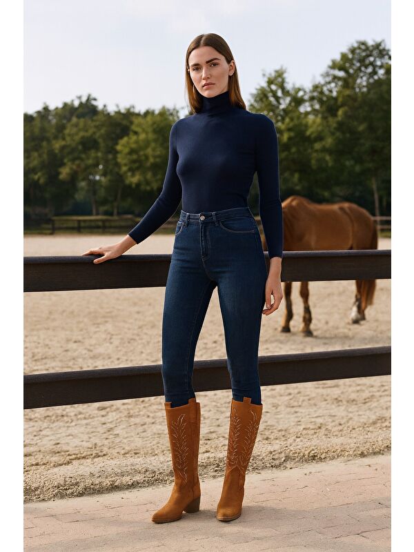 TEXAS Sivri Burun Nakışlı Kalın Topuklu Kadın Kovboy Western Çizme - Görsel 5