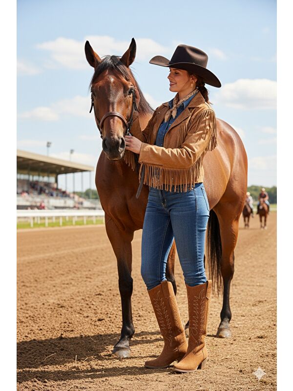 TEXAS Sivri Burun Nakışlı Kalın Topuklu Kadın Kovboy Western Çizme - Görsel 6