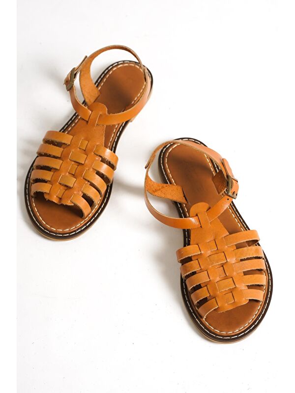 Yuvarlak Burunlu Gladyatör Bantlı Kadın Deri Sandalet - Görsel 2