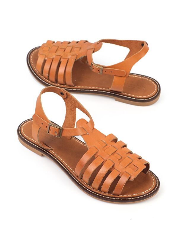 Yuvarlak Burunlu Gladyatör Bantlı Kadın Deri Sandalet - Görsel 3