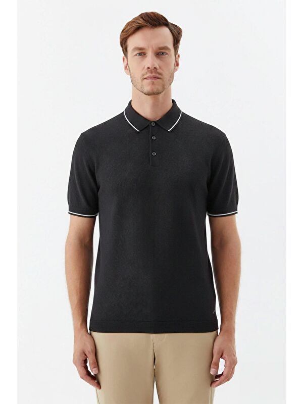 Sabri Özel Erkek Antrasit Slim Fit %100 Pamuk Jakarlı Triko Polo Yaka Tişört