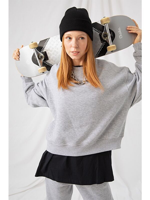 gothamVibes Kadın Vibe Oversize Gri Sweatshirt