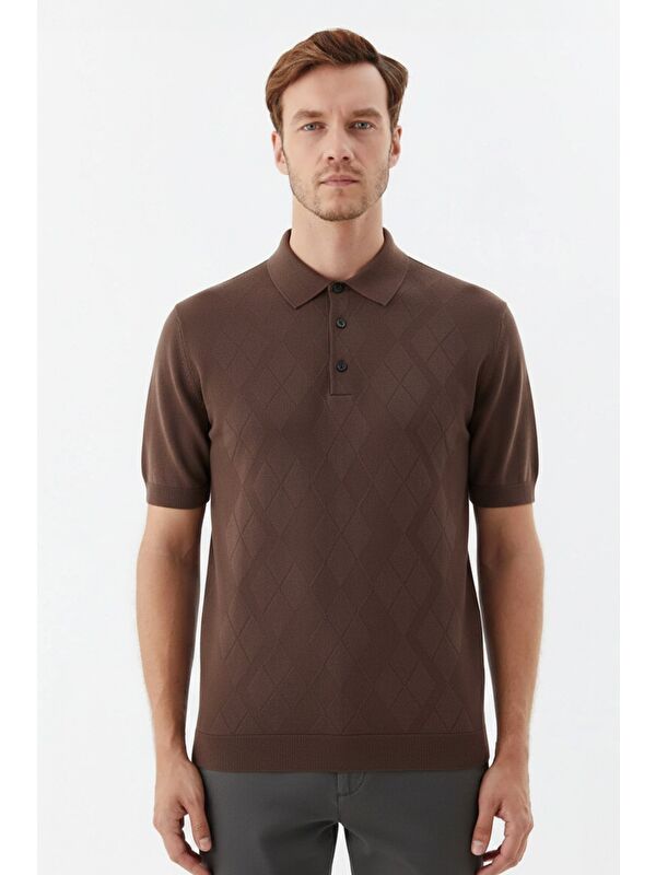 Sabri Özel Erkek Kahve Slim Fit %100 Pamuk Desenli Triko Polo Yaka Tişört
