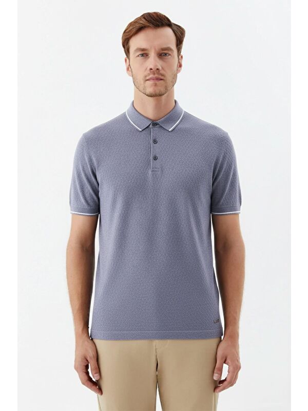 Sabri Özel Erkek Gri Slim Fit %100 Pamuk Jakarlı Triko Polo Yaka Tişört