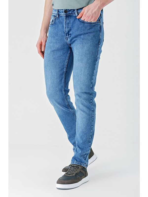 İMZA Koyu Mavi Gabardin Pamuklu 5 Cepli Slim Fit Dar Kesim Casual Denim Jean Pantolon 1023240154