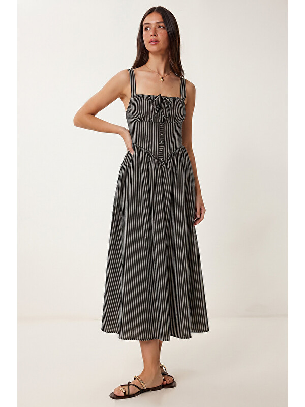 Happiness İstanbul Çizgili Korse Görünümlü Poplin Midi Elbise SİYAH LUB0374