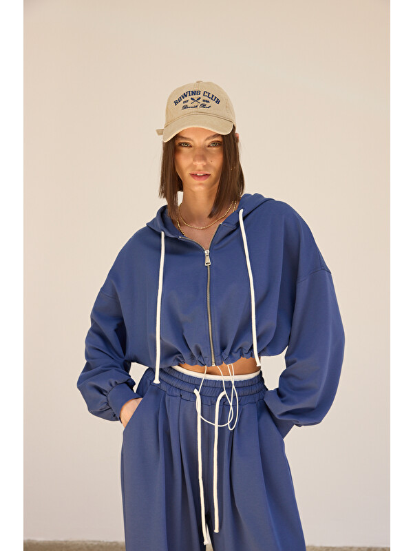 Mai Collection Olin Bel Detay İndigo Kapüşonlu Crop Eşofman Takım