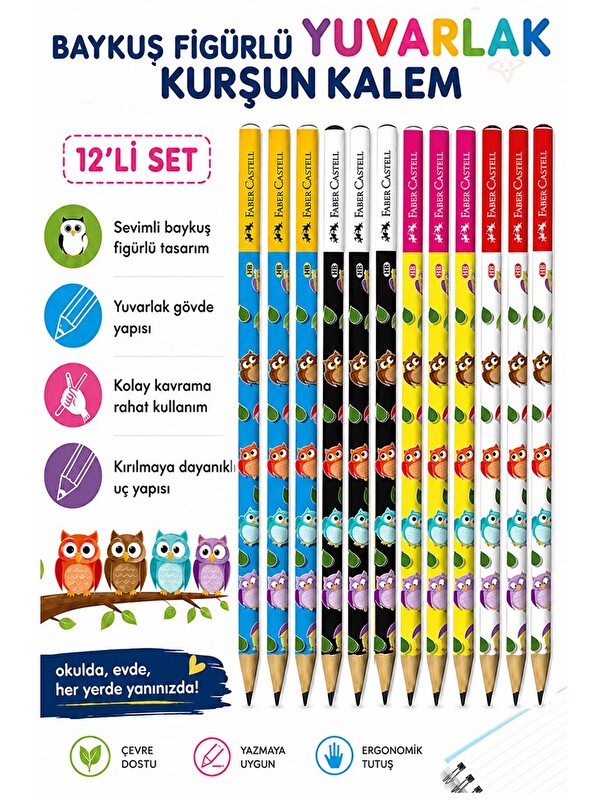 Faber-Castell Baykuş Kurşun Kalem 12 Adet Faber Castell Yuvarlak Gövdeli Siyah Kurşun Kalem Yumuşak Yazım Kolay Tu